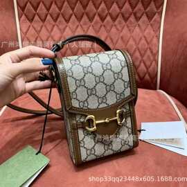 跨境外贸广州G家1955竖款手机包迷你印花真皮女包老花盒子单肩包z