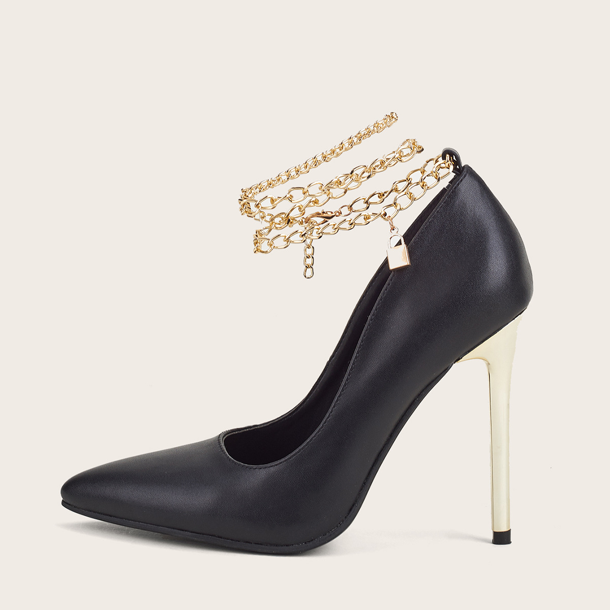 pointed shallow mouth metal chain stiletto shoes  NSSO37512