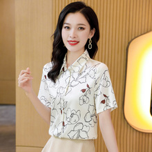 2025春夏新款翻领气质时尚百搭真丝短袖女士衬衫优雅印花上衣