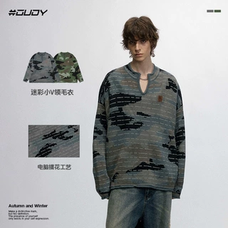 #OVDY 秋冬保暖毛衣电脑提花工艺小v领迷彩针织衫男女外穿