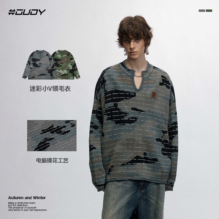 # Ovdy Autumn and Winter Warm Knitwear Computer Jacquard Craft Small V-Neck Camouflage Knitwear for Men and Women to Wear Outside