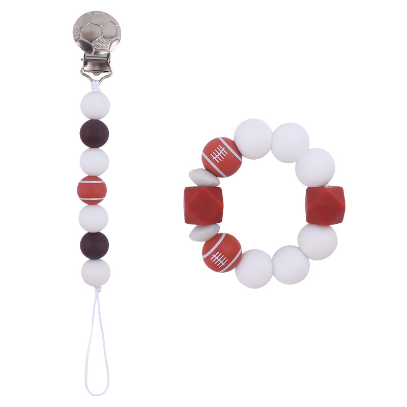 Bebé DIY creativo fútbol patrón chupete clip de dibujos animados fútbol cuentas de silicona chupete cadena mordedor traje de dos piezas conjunto