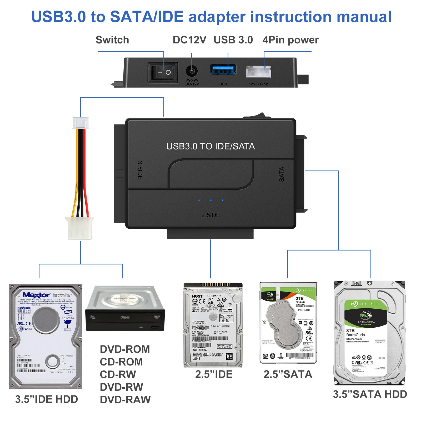 USB3.0 ротатор SATA/IDE конвертер для внешних дисков 2.5/3.5, мультиинтерфейс, драйвер