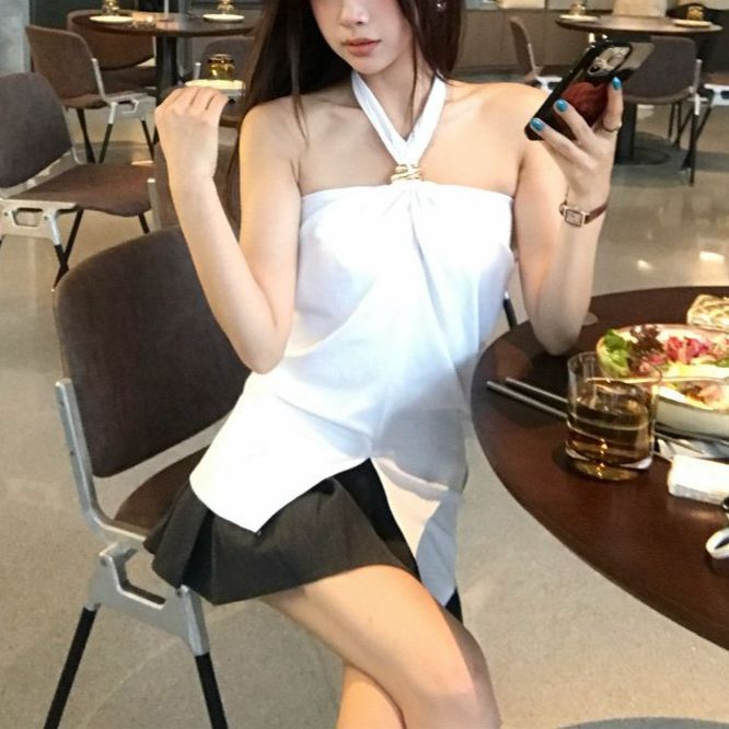 Women's Backless Halter Crop Top - Summer Bodycon Sleeveless Bustier In Black, White, Coffee_ecoleips.com