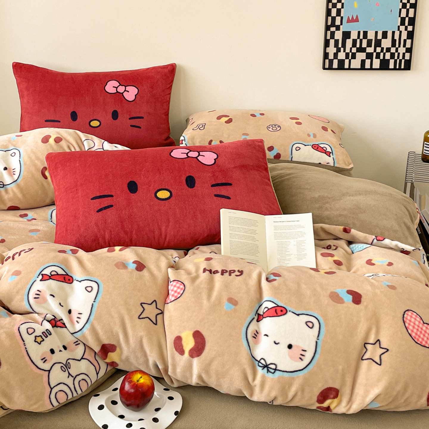 Cuatro piezas de terciopelo de leche de dibujos animados retro grueso calentamiento terciopelo de coral encantador dormitorio cubierta de cama de tres piezas de cuatro piezas cubierta de edredón