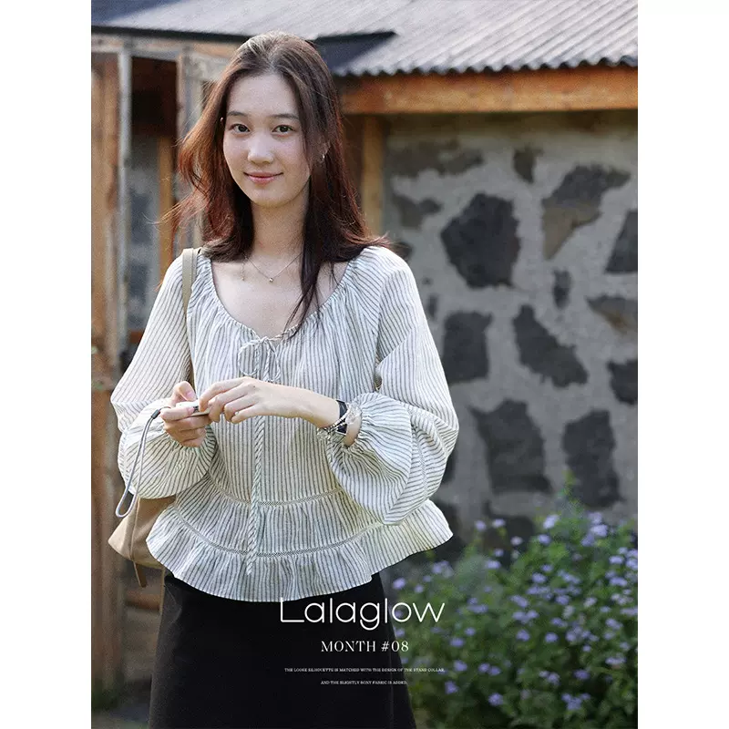 Lalaglow 追风的日子 法式气质蕾丝条纹衬衫女秋季宽松显瘦娃娃衫