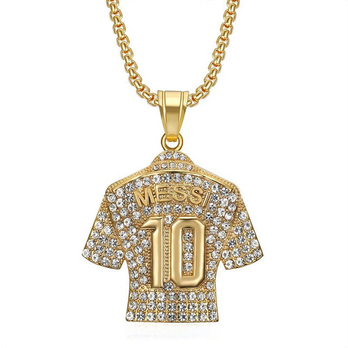 New Hip-Hop Accessories, Titanium Steel Plated Gold Diamond-Studded Football MESSI Jersey 10 Pendant Necklace