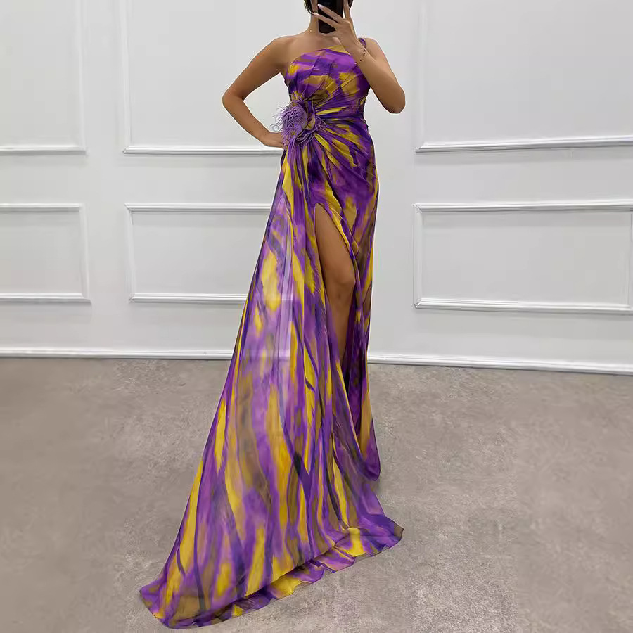 Women's Clothing chiffon printed slit dress casual party long women's dress_voghion.com