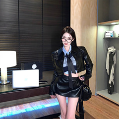 辣妹短款机车皮衣外套包臀短裙衬衫针织马甲女2025秋季时尚套装潮