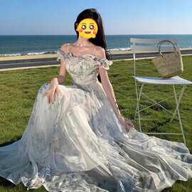 海边度假风吊带裙纱法式荷叶边沙滩连衣裙氛围感中长裙飘逸仙女范
