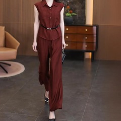 【トップス+パンツ】女性用おしゃれシャツスーツ2025夏新作痩身、スタイリッシュ、年齢軽減2点セットなし