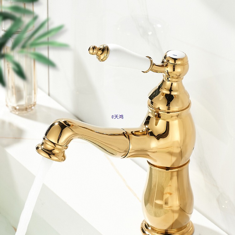 All-Copper Basin French Retro Gold Washbasin Bathroom Bathroom Ceramic Basin Hot and Cold Pull-Out Faucet