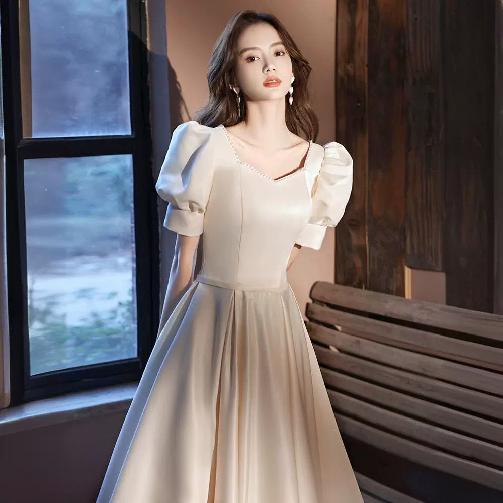 Banquet Evening Dress 2026 New Style Light Champagne Satin Puff Sleeve Long Dress Host Performance Art Exam Chorus Dress