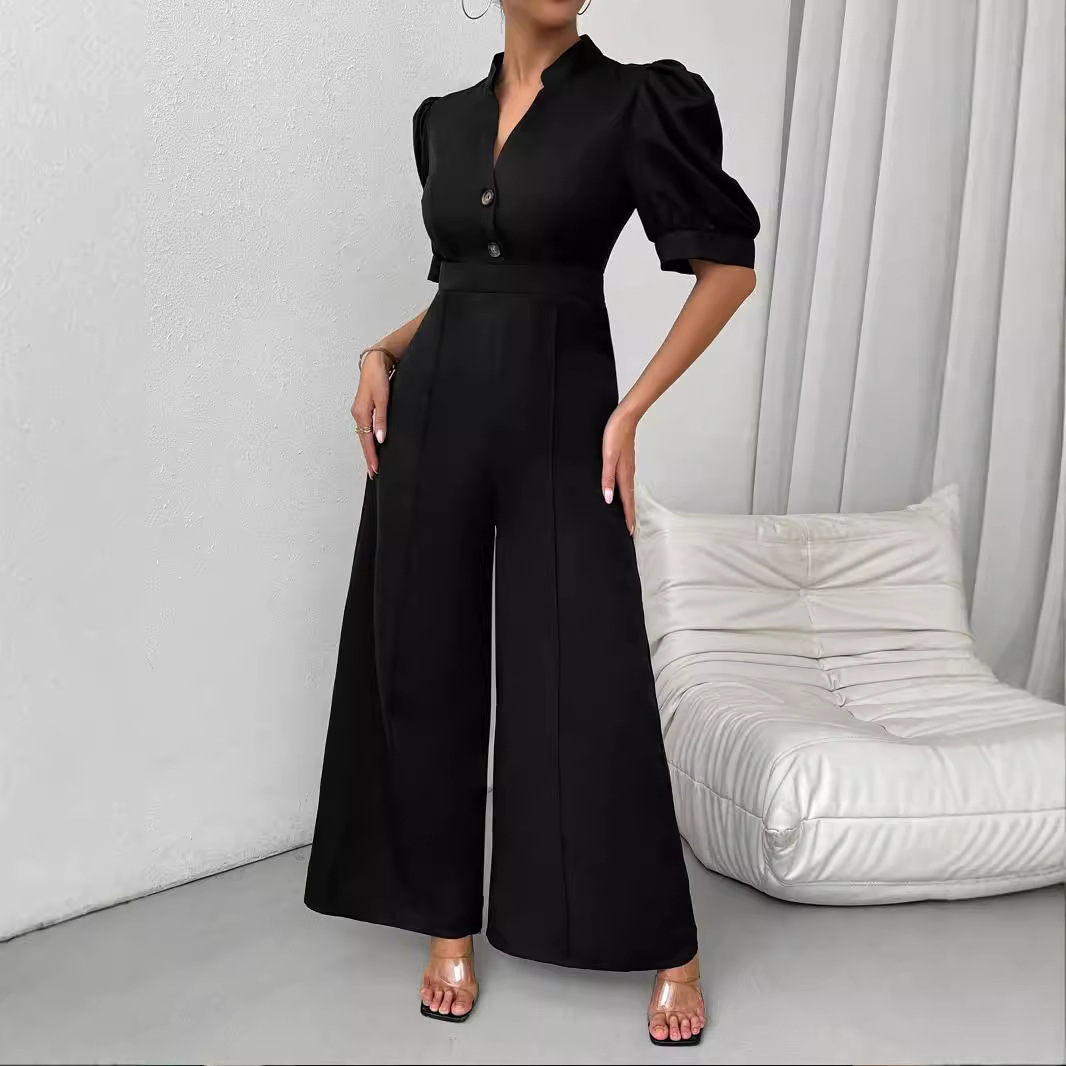 Amazon Cross-Border Trade Spring and Autumn V-Neck European and American Style Jumpsuit Women's Clothing Waist-Cinching Short-Sleeve Wide-Leg Pants Commuter Style Slimming