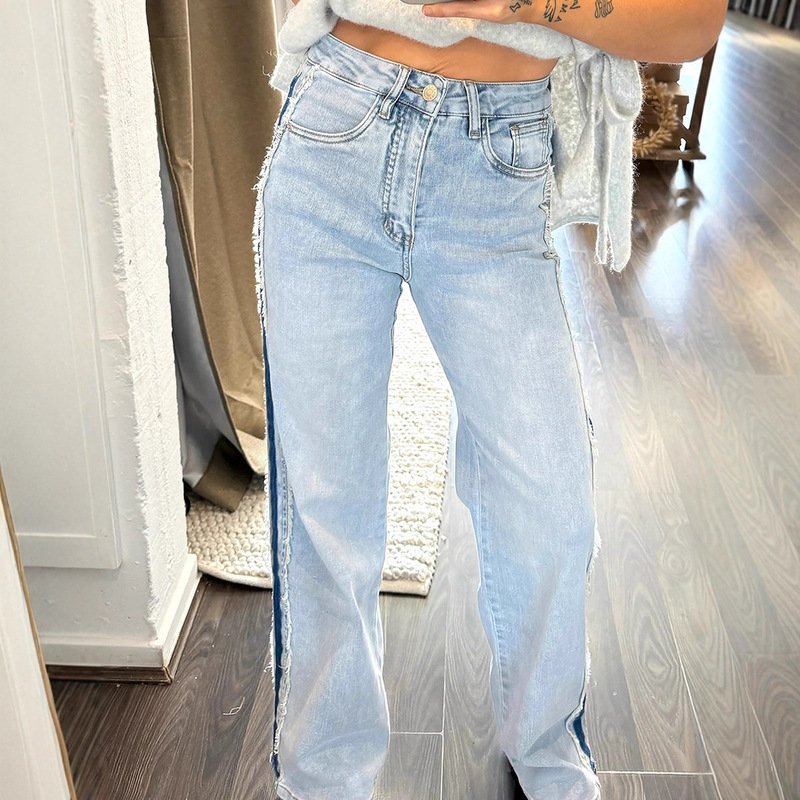 2025 New Autumn and Winter High-Waisted Pants for Women European and American Fashion Versatile Contrasting Color Trimmed Brushed Straight Jeans for Women