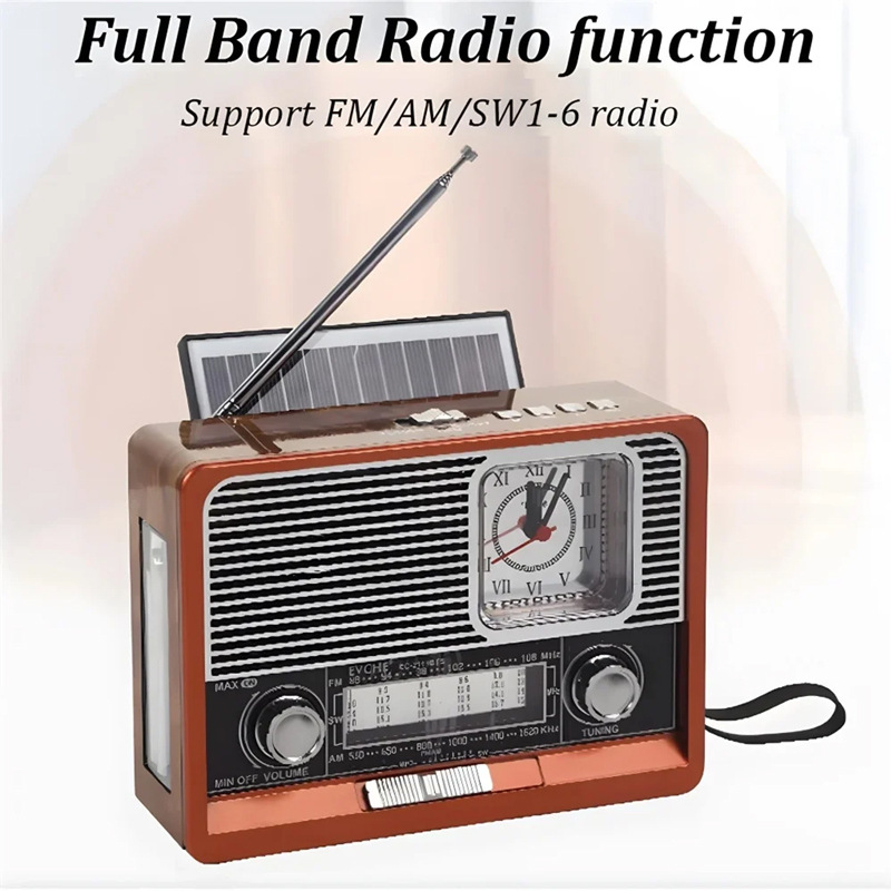Radio retro solar / USB relojes retro recargables con linterna altavoces tarjeta USB / TF MP3
