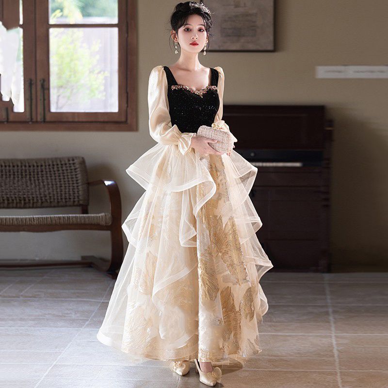 Đầm dạ hội cổ vuông tay dài kiểu Pháp thanh lịch, phù hợp dẫn chương trình, chơi đàn piano — Màu như hình chi tiết 4