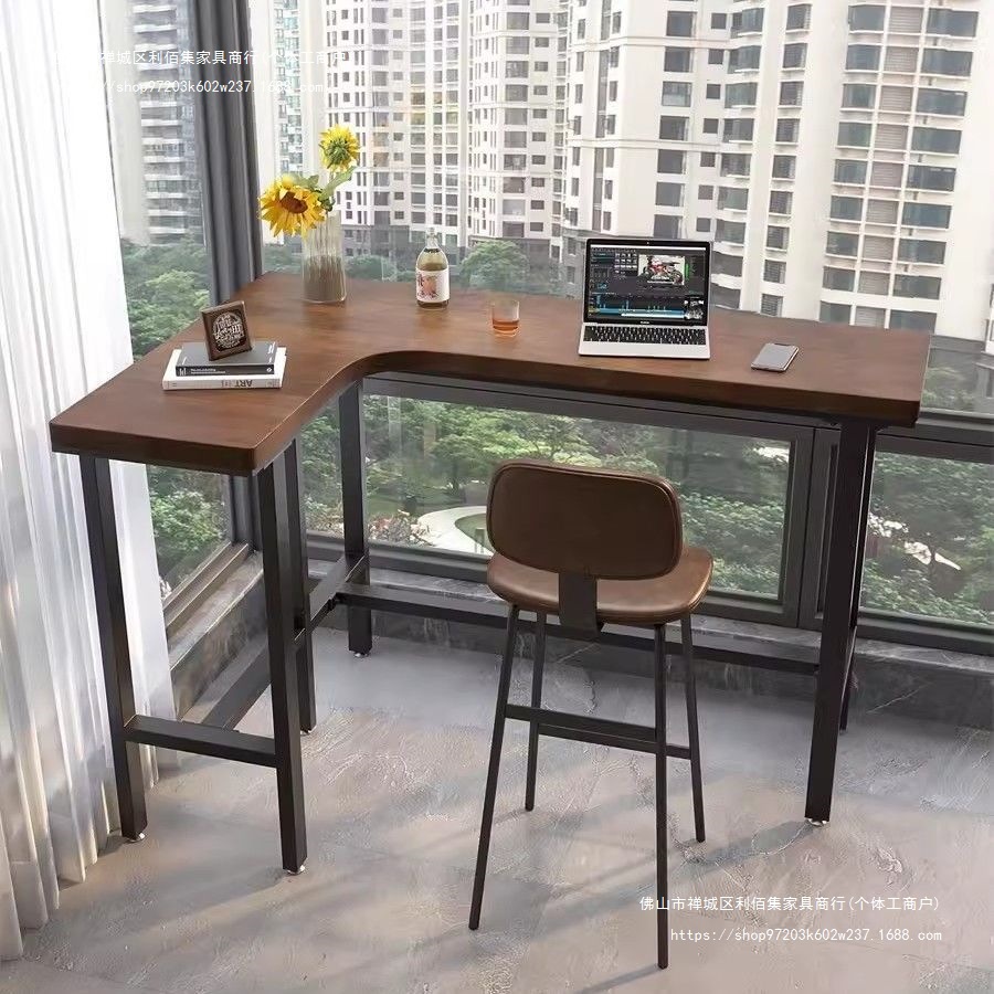 Solid Wood Simple Corner Long Bar Table Balcony Partition Home Desk Against the Corner Bedroom Workbench High Legs