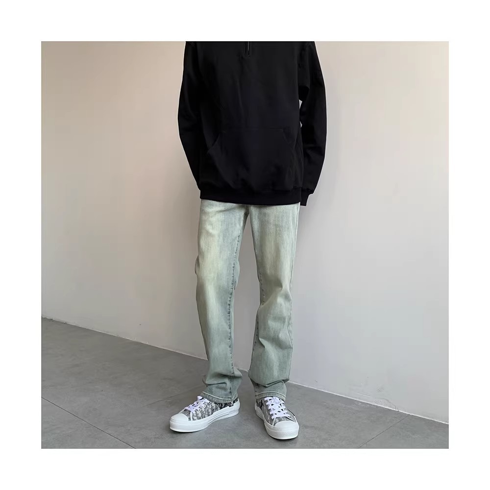 Men's High Elasticity Yellow Mud Dyed Straight Leg Jeans Loose Fitting Trendy Casual Retro Slimming Extra Long Pants_mkmklike.com