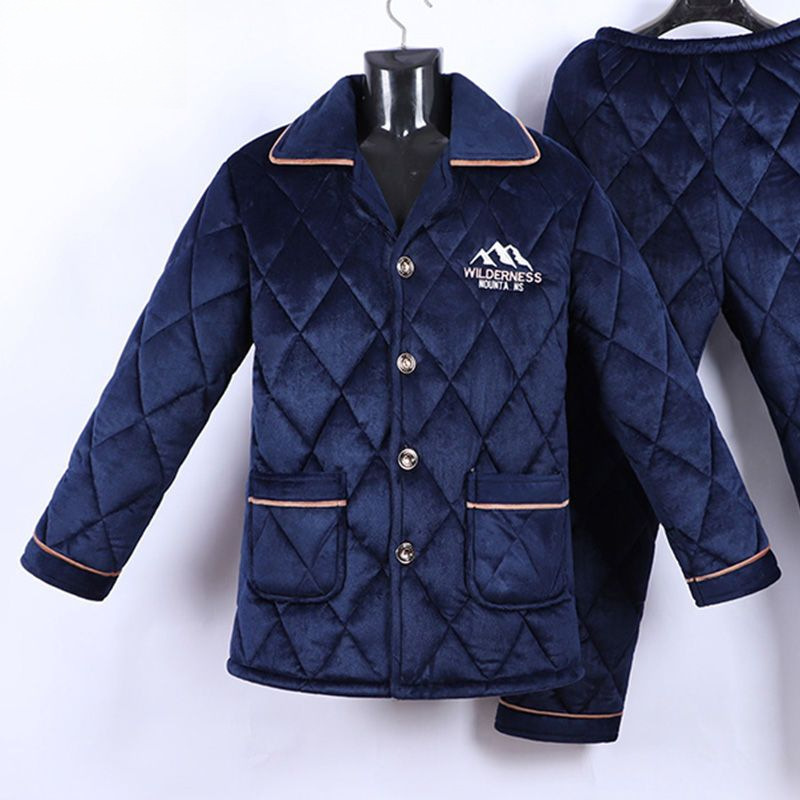 겨울 남성 두꺼운 잠옷 플러스 지방 대형 플란넬 코튼 자켓 3 레이어 퀼트 산호 벨벳 따뜻한 가정 의류 세트