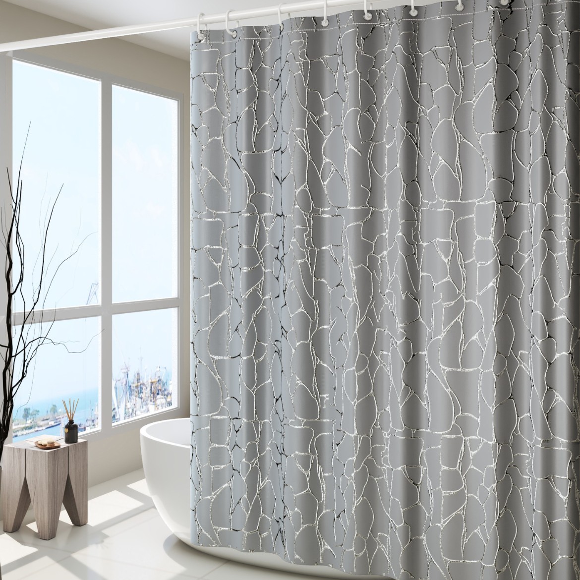 Rusia venta caliente de lujo ligero de alto nivel estampado de oro y plata estampado cortina de baño impermeable cortina de partición de baño cortina de baño sin perforación cortina de baño