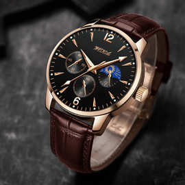 沃凯wokai三眼夜光商务复古腕表石英运动表男士男生皮带手表