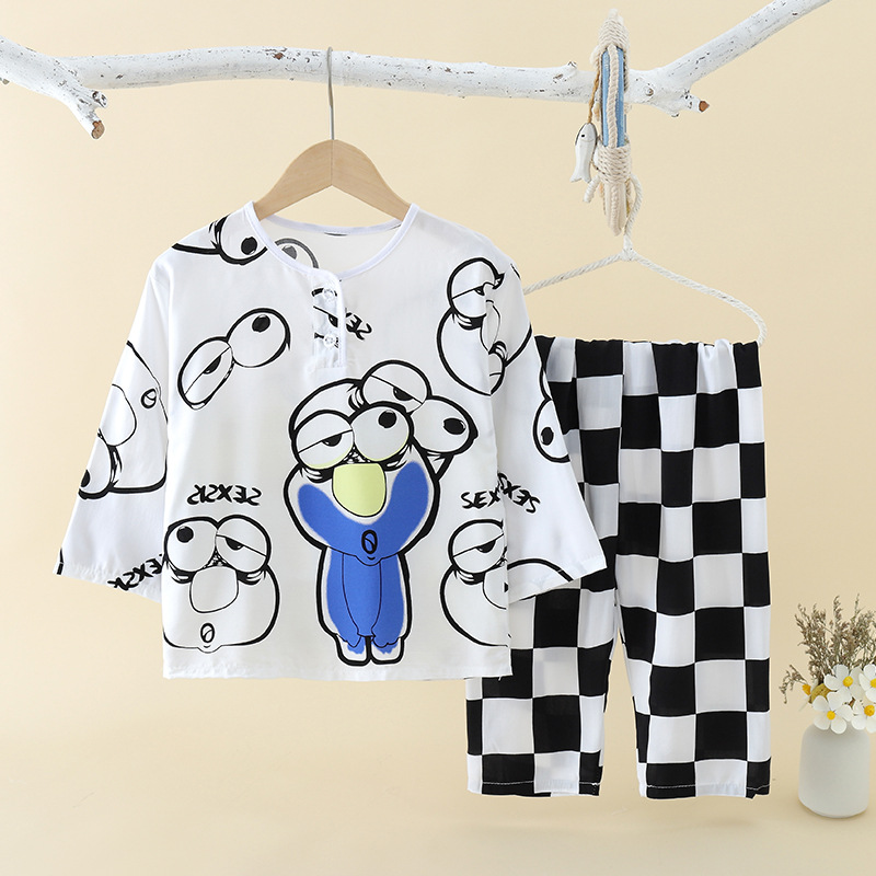 Summer Children's Cotton Silk Pajamas Thin Boys and Girls' Baby Home Clothes Boys' Cotton Silk Girls' Air Conditioning Suit Set