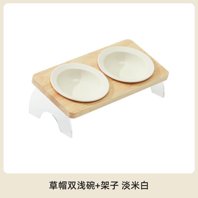 Tazón de cerámica para gatos Corea del Sur Tazón para mascotas antidetonantes gato perro tazón de comida soporte cervical tazón de agua doble tazón boca oblicua estante de madera maciza