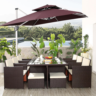 Outdoor Tables and Chairs, Rattan Chairs, Courtyard Outdoor Leisure Terrace Garden, Waterproof and Sun-Proof Open-Air Rattan Yard Tea Table with Umbrella