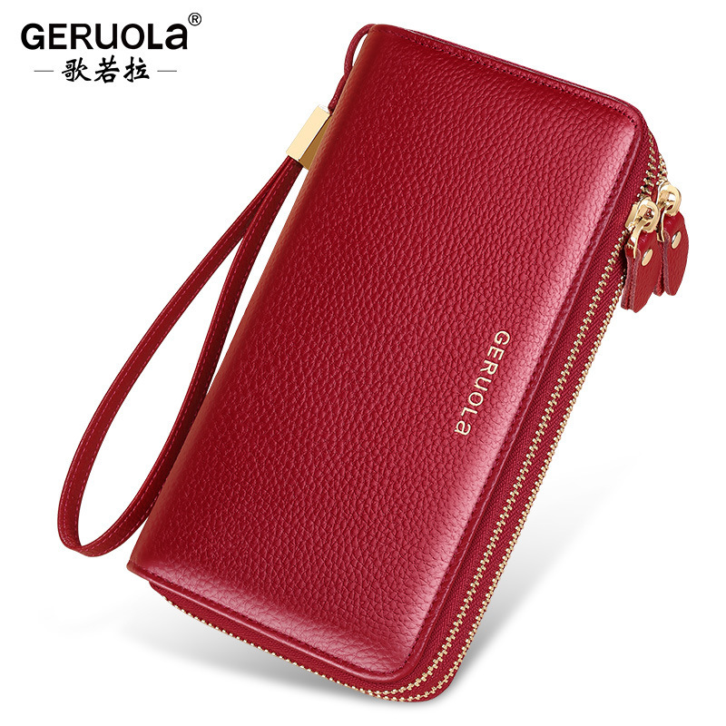 Cartera explosiva de comercio exterior para mujer, moda para mujer, cartera de piel de vaca de primera capa de gran capacidad, embrague de cuero con doble cremallera
