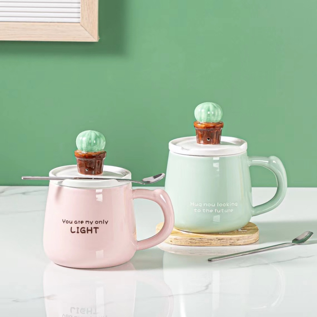 Creativo simple 3D tridimensional planta verde en maceta Taza de cerámica esmalte de color taza de café personalizada taza de bebida de la Oficina