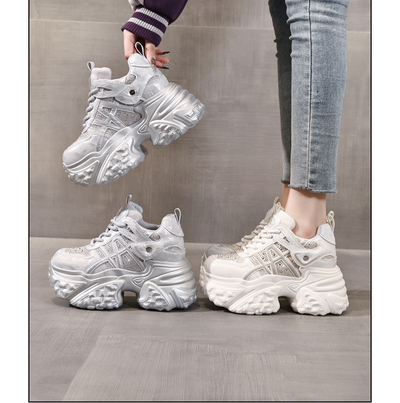 Giày sneaker nữ đế dày tăng chiều cao, phối đá rhinestone, lưới thoáng khí — màu trắng ngà chi tiết 17