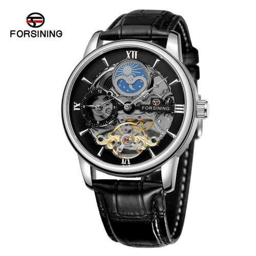 FORSINING Men's Business Automatic Mechanical Watch with Leather Strap, Hollowed-out, Moon and Sun Leisure Mechanical Watch