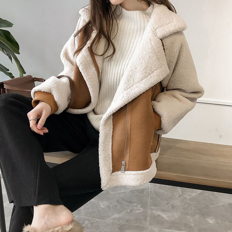 Lamb Wool Outwear for Women Autumn and Winter 2024 New Particle Cashmere Thickeneded Fur One-Piece Motorcycle Jacket for Small People