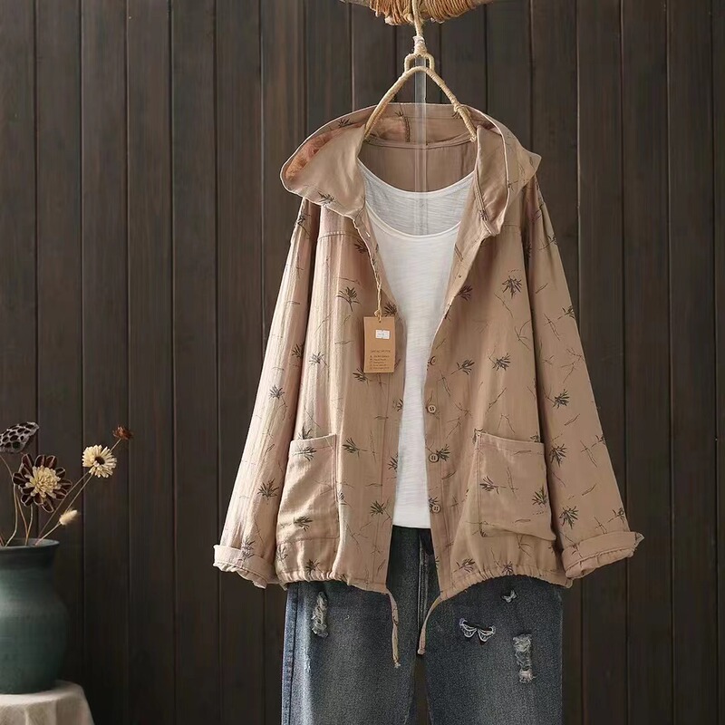 2025 Spring Collection: Artistic Leaf Print Double-Layer Cotton Gauze Long-Sleeve Short Cardigan Loose Shirt for Women 2025 Spring Collection: Artistic Leaf Print Double-Layer Cotton Gauze Long-Sleeve Short Cardigan Loose Shirt for Women