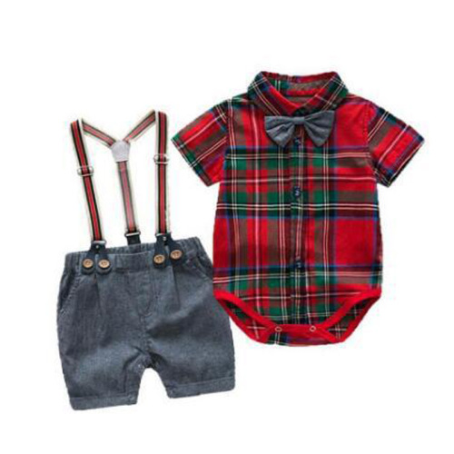 Cross-border European and American summer baby boy gentleman's suit overalls shorts short-sleeved plaid jumpsuit tie four-piece set
