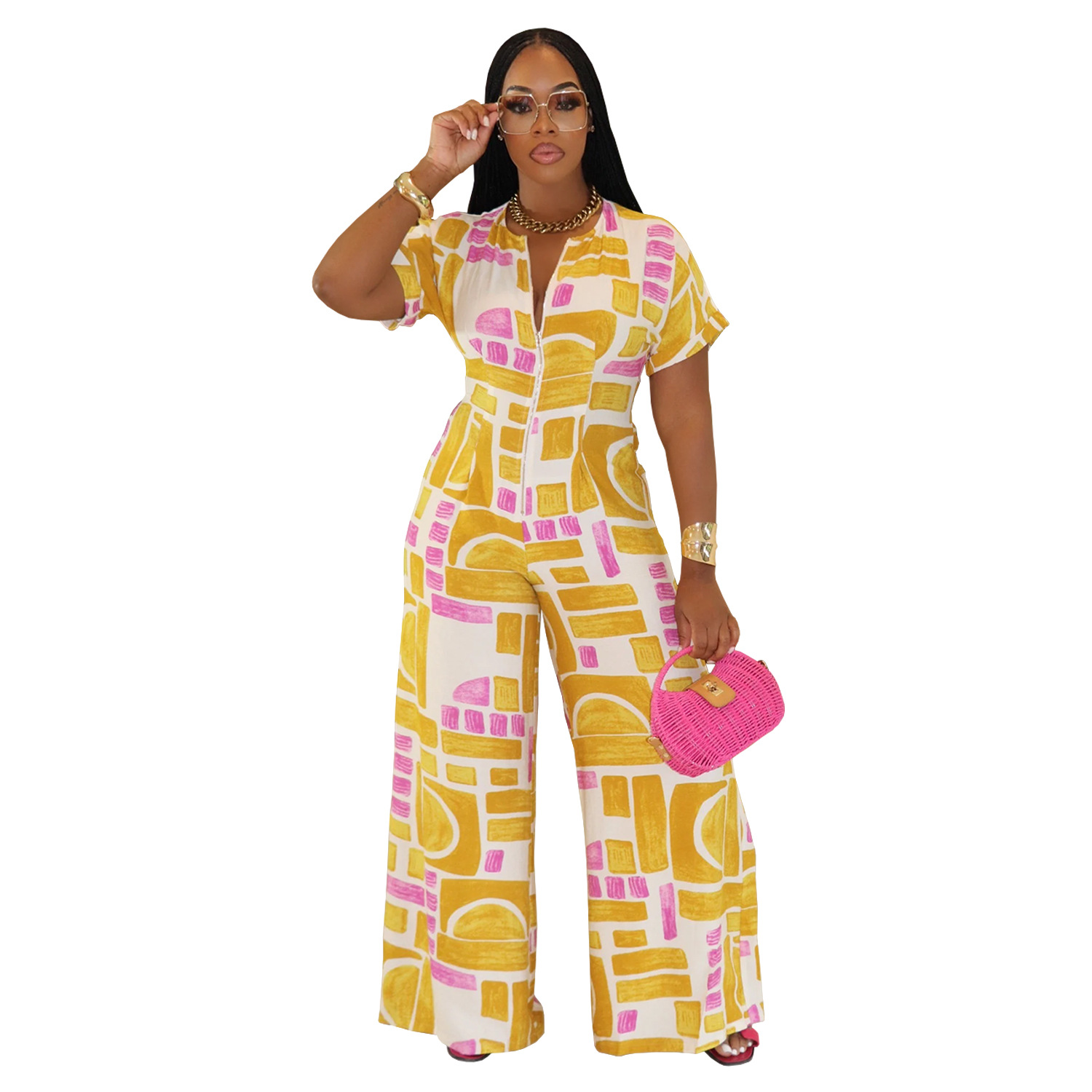 C7468 Cross-border AliExpress Amazon Moda europea y americana Ropa de mujer Moda de verano Impresión casual Mono de manga corta