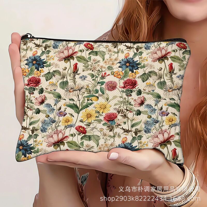 アマゾン越境販売 ポリエステル麻混紡 2Dデジタルプリント 刺繍風花柄キャンバス化粧ポーチ 花柄装飾|undefined