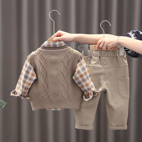 Children's long-sleeved vest set baby knitted sweater cardigan boy spring and autumn three-piece set infant children's clothing