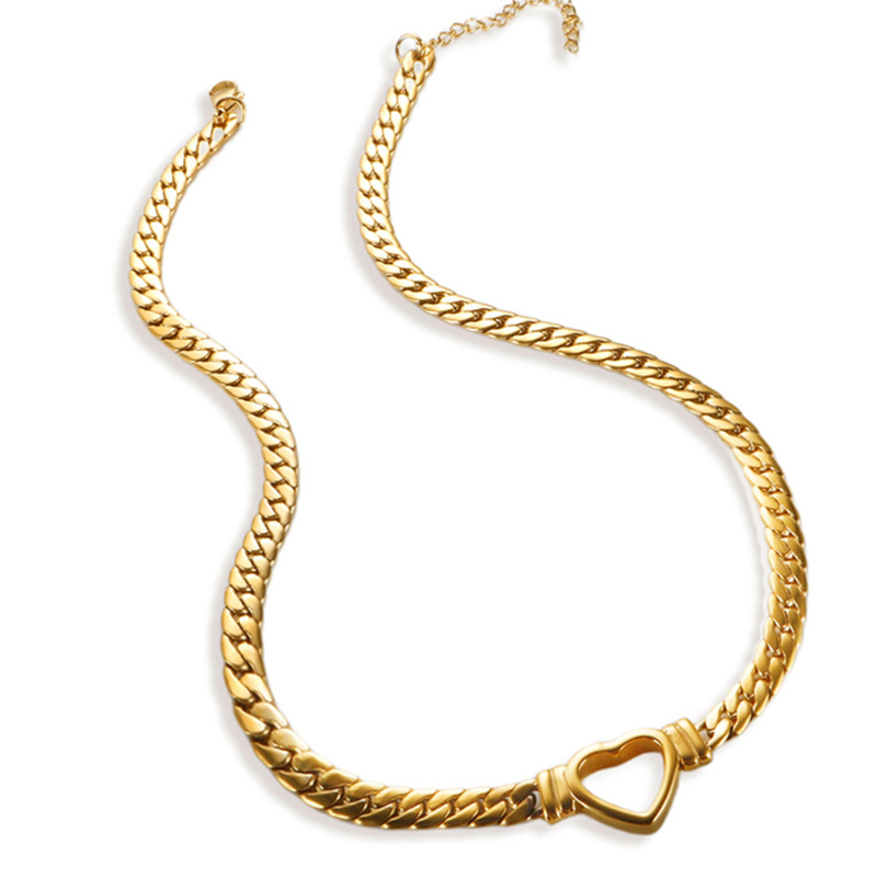 Collar con colgante de corazón de cadena plana hueca de acero de titanio chapado en oro cubano de Lina Girl, nueva tendencia para mujer._voghion.com