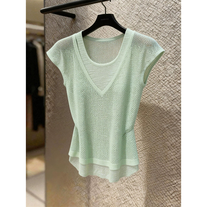 Mint Green V-Neck Hollow-Out Knit Short-Sleeve T-Shirt for Women, Unique and Beautiful Design, Faux Two-Piece with Small Flutter Sleeves for Summer