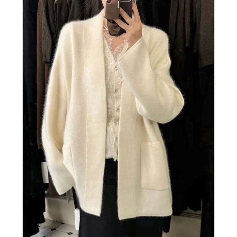 Handmade Wool Raccoon Fur Designer Mid-Length Coat for Women with a Stylish Placket, Casual Solid Color Knit Cardigan Handmade Wool Raccoon Fur Designer Mid-Length Coat for Women with a Stylish Placket, Casual Solid Color Knit Cardigan
