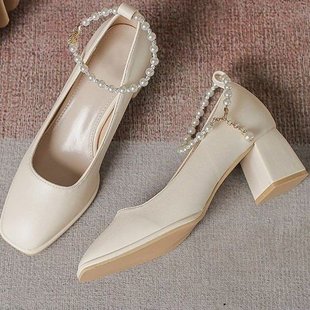 2023 Autumn and Winter High Heels for Bridesmaids, Suitable for Everyday Wear, Chunky Heel Pearl Buckle Single Shoes for Women, New Autumn Model