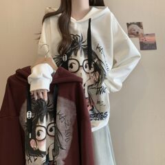 大码德绒印花连帽卫衣女2025秋冬季新款宽松显瘦加绒长袖外穿上衣