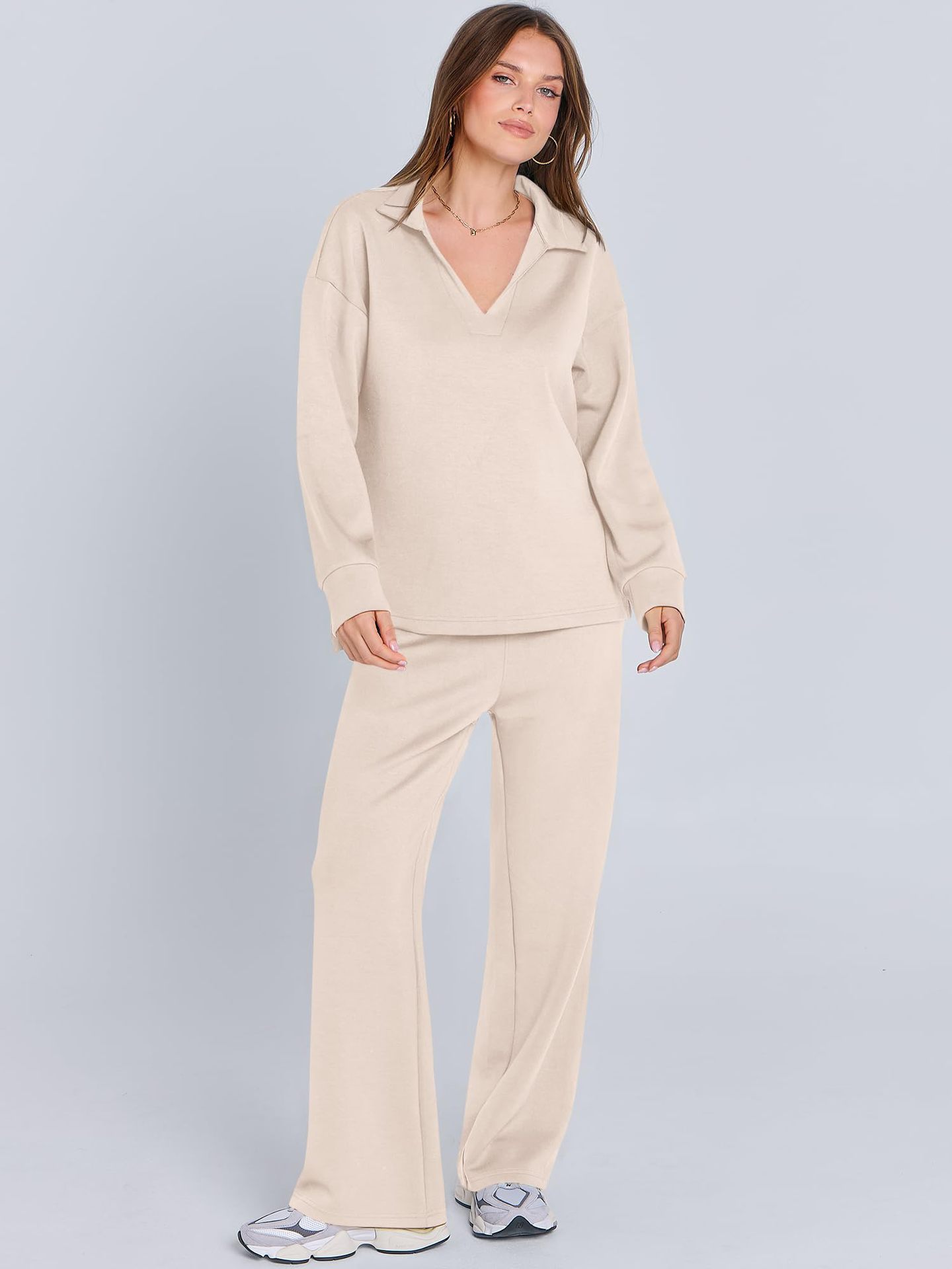 Women's Tracksuit Sports Suit V-neck Long-sleeved Pullover Top And Drawstring Straight-leg Trousers Casual Solid Trousers Set