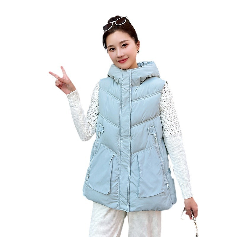 Algodón chaleco de mujer 2024 otoño y invierno nuevo estilo coreano suelto medio largo encapuchado sin mangas algodón hombro fuera de la moda de abrazadera image 5