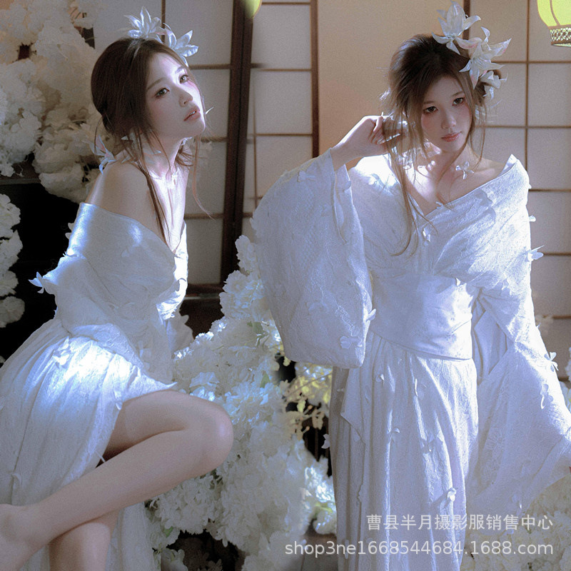 Japanese-style modified kimono for photo studios, white sexy simple kimono for cherry blossom girl fashion personal portrait photography