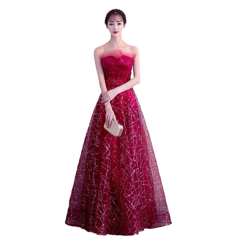Vestido de noche estrellado del banquete Reunión Anual 2024 nuevo verano y otoño elegante rojo de la alta sociedad que adelgaza el vestido superior del tubo largo