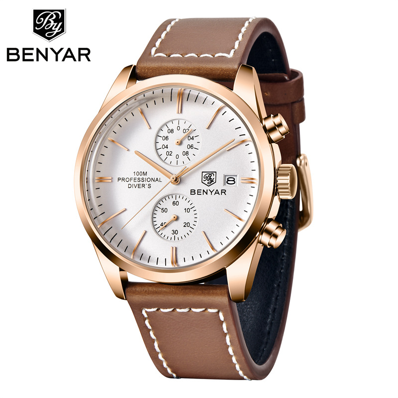BENYAR Binya 5187 nuevo movimiento de cuarzo multifuncional correa de cuero reloj de calendario casual de negocios para hombres