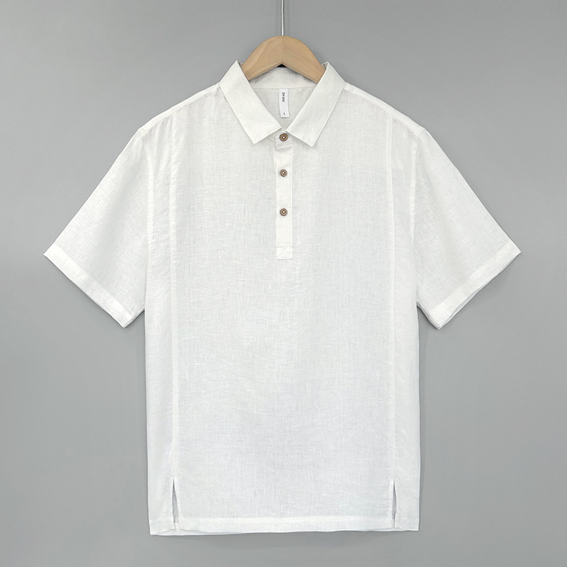 27Bcy08 Classy Pure Linen Polo Shirt Men's 100% Linen Short-Sleeved T-Shirt Summer Thin Lapel Top